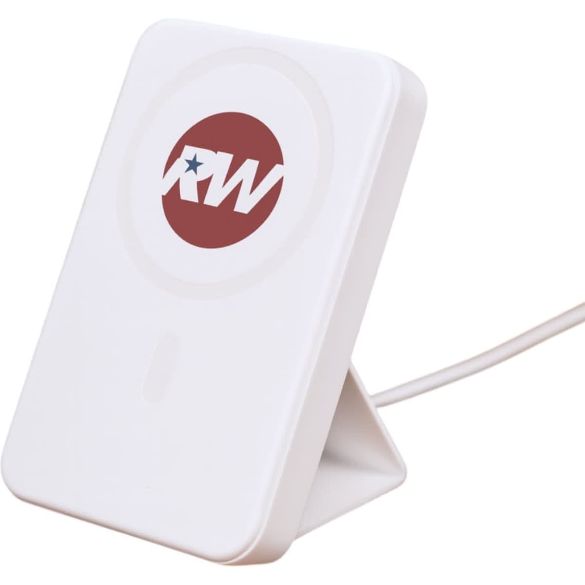 A white wireless charging power bank with a circular stand and a logo on the front.