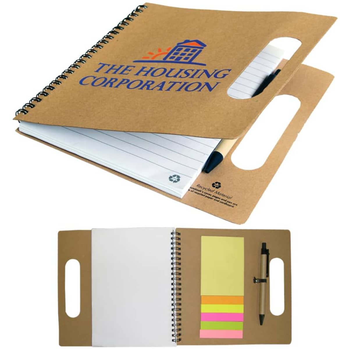 A recycled notebook with a spiral binding, brown cover, and a pen, featuring a logo and sticky notes.