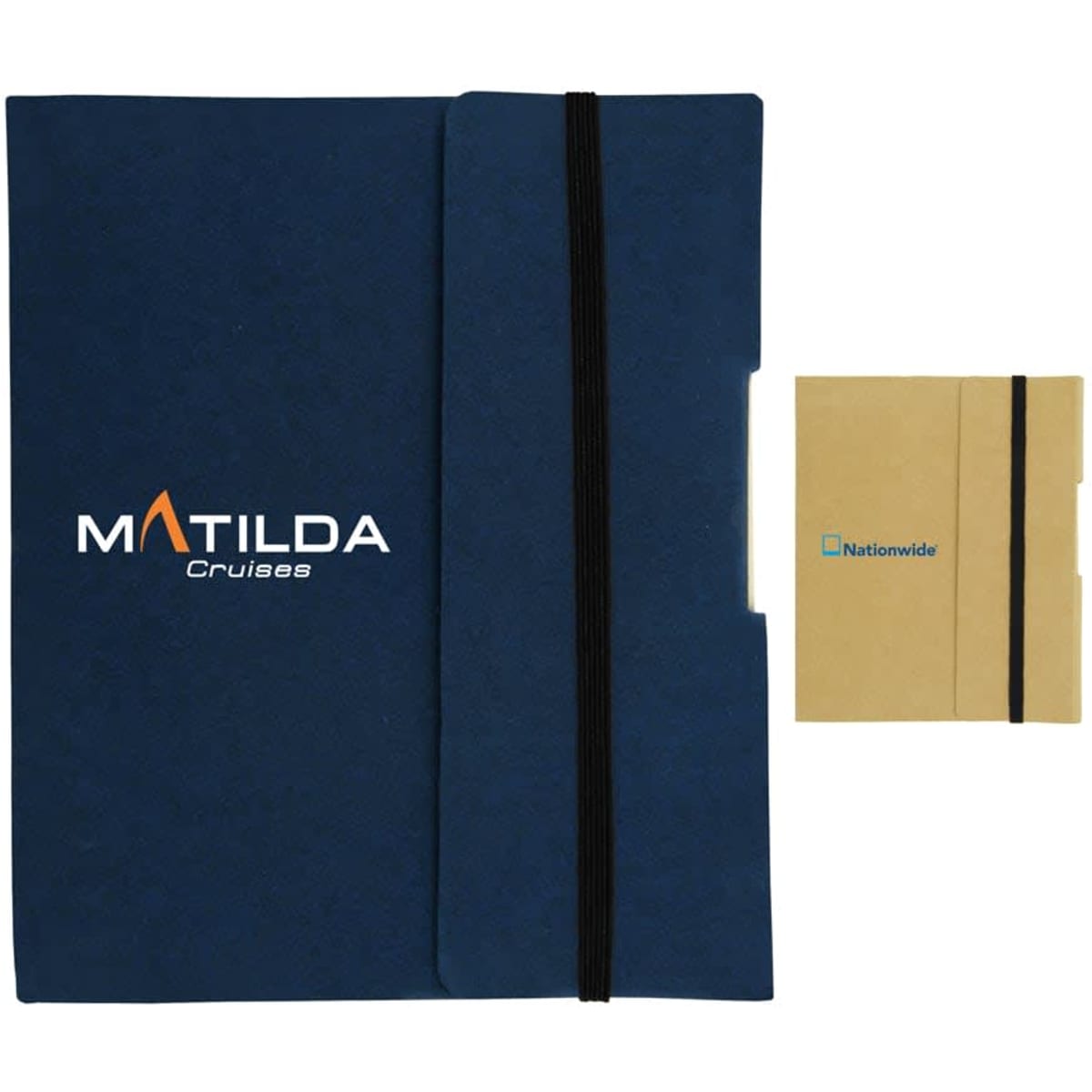 A navy blue tuck journal book with an elastic band closure and a smaller tan booklet beside it, featuring logos.
