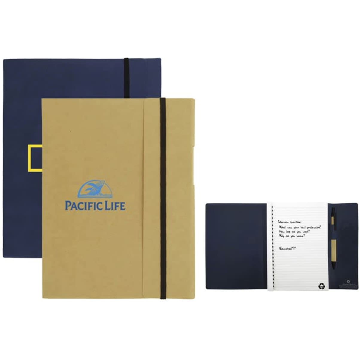 A large A5 journal book with a dark blue cover and a tan cover, featuring an internal page for notes and a logo.