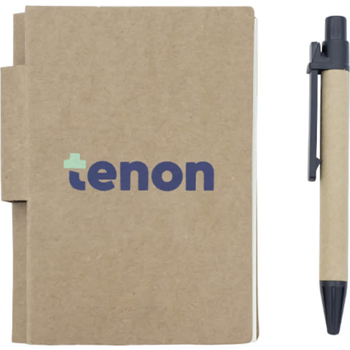 A brown recycled notebook with a black pen positioned beside it, featuring a logo on the cover.