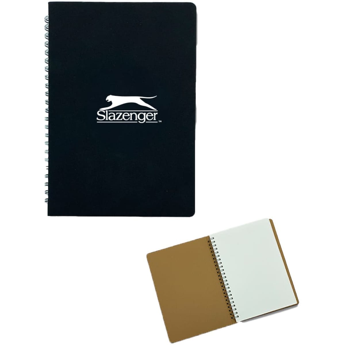 A black spiral notebook with a logo, featuring blank pages and a tan cover.