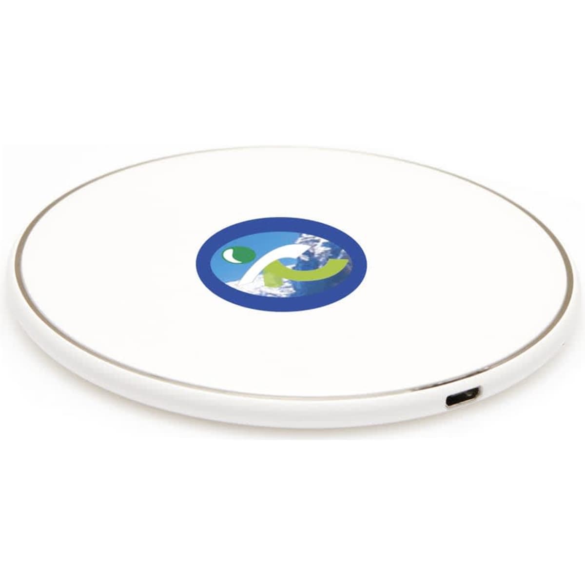 A round white wireless charging dock featuring a logo in the centre and a USB-C port on the side.