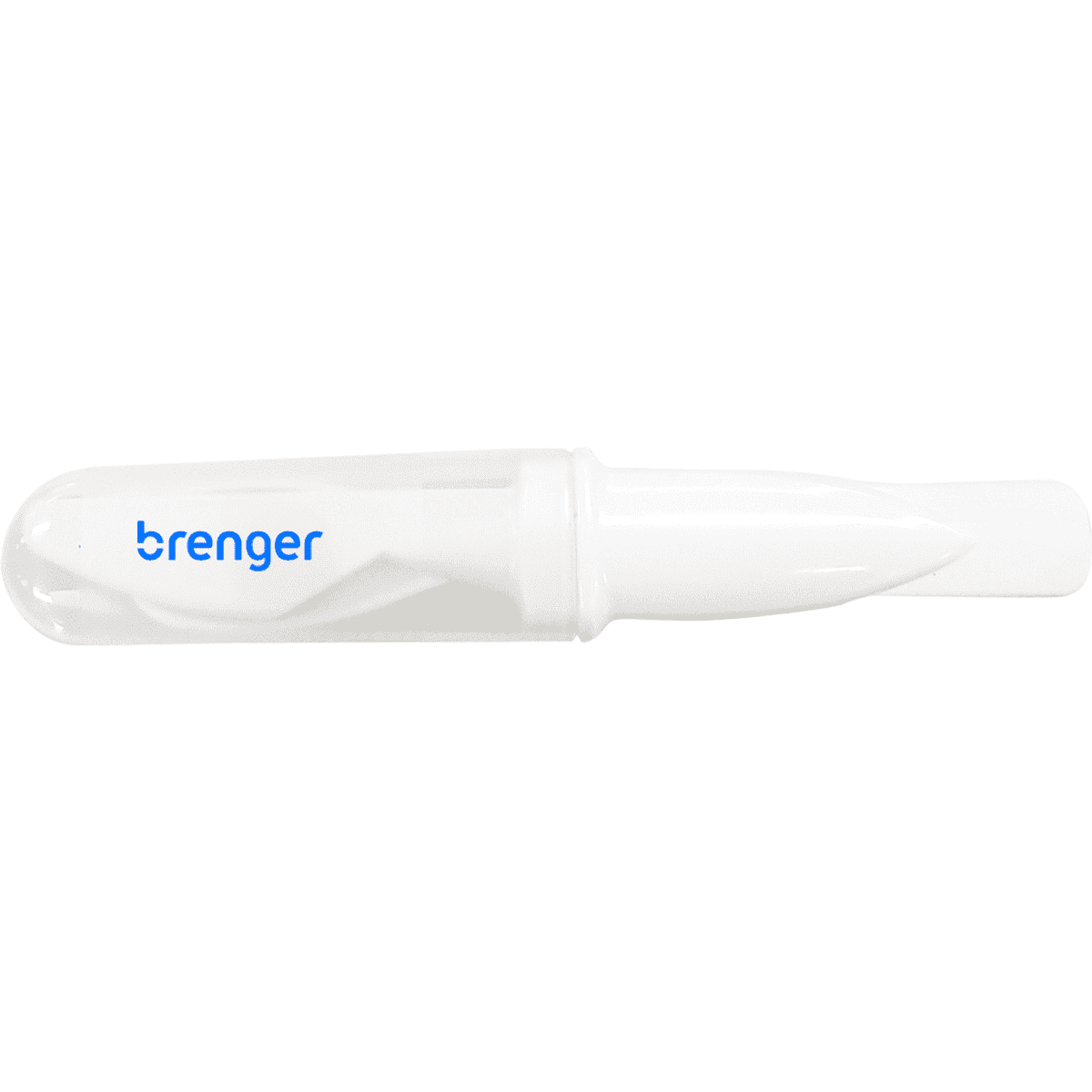A white promotional product with a transparent cap and a logo. The item appears to be a tool for slicing or spreading.