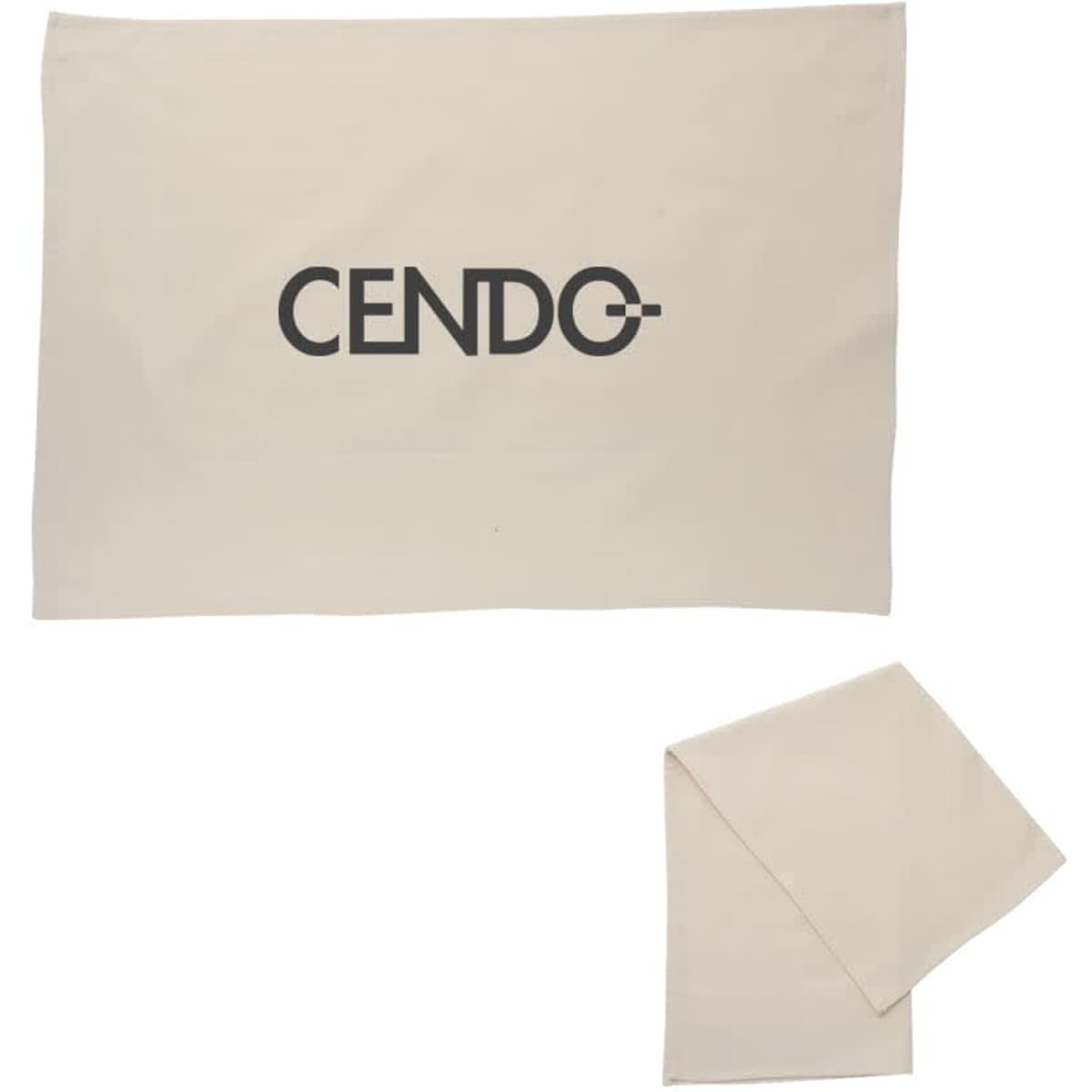 A cream cotton tea towel featuring a logo. The towel is neatly folded beside a larger flat section.