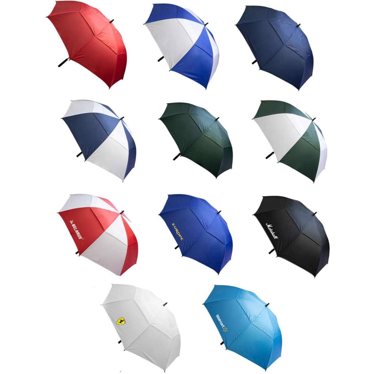 A collection of ten umbrellas in various colours, including red, blue, white, green, and black, some with logos.