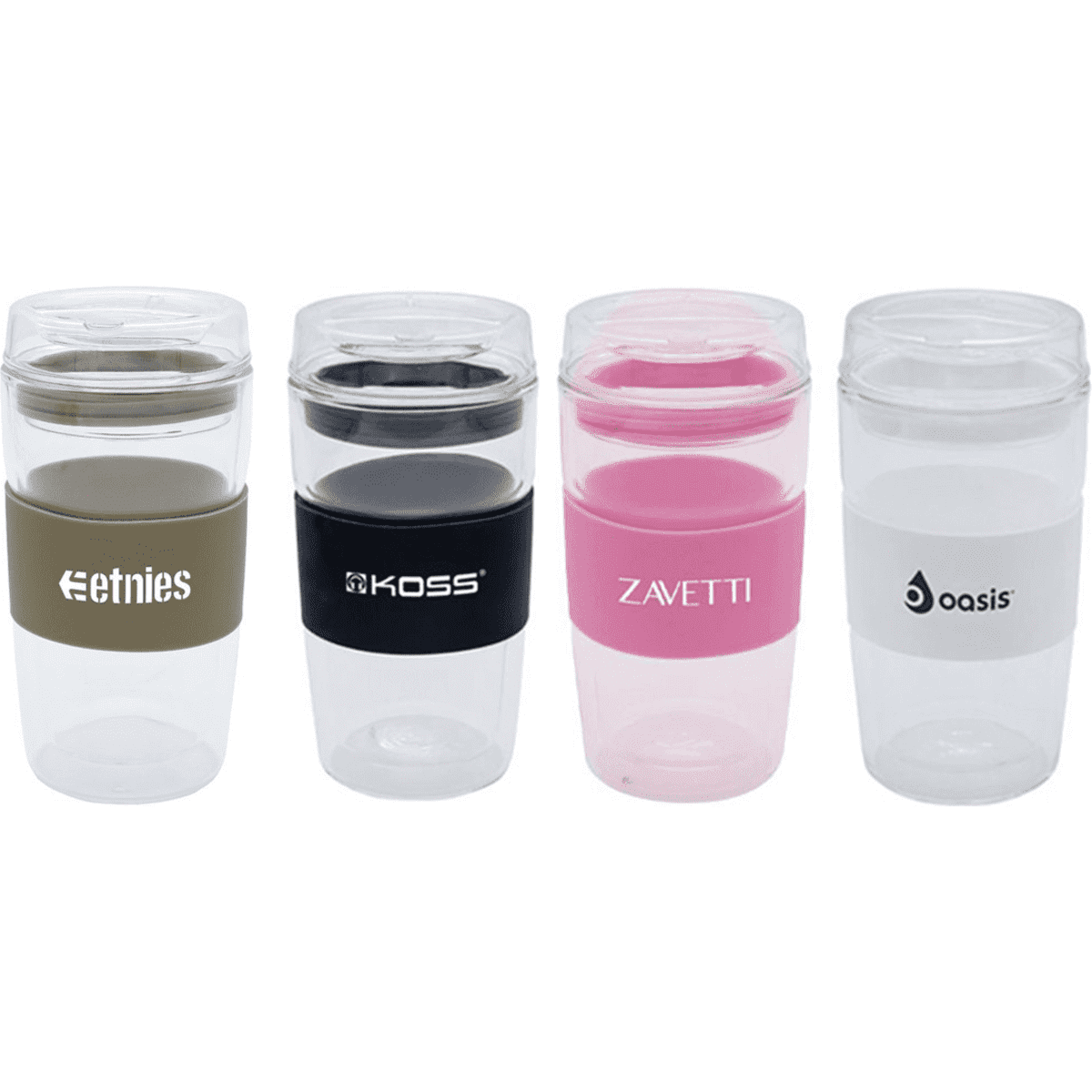 Four reusable coffee cups in various colours, featuring black, pink, green, and clear designs, each with a logo.