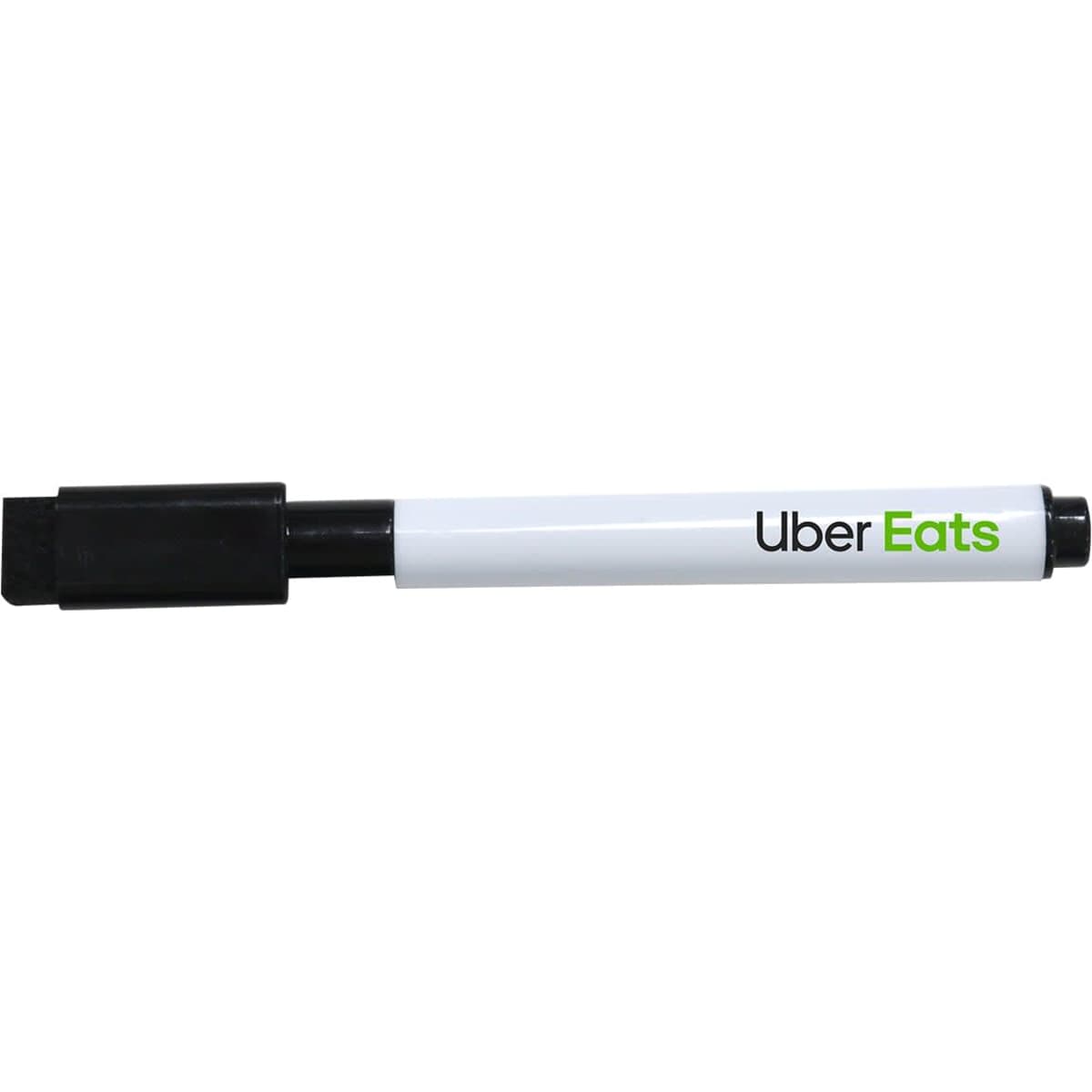 A whiteboard marker with a black chisel tip and a white barrel featuring a logo.