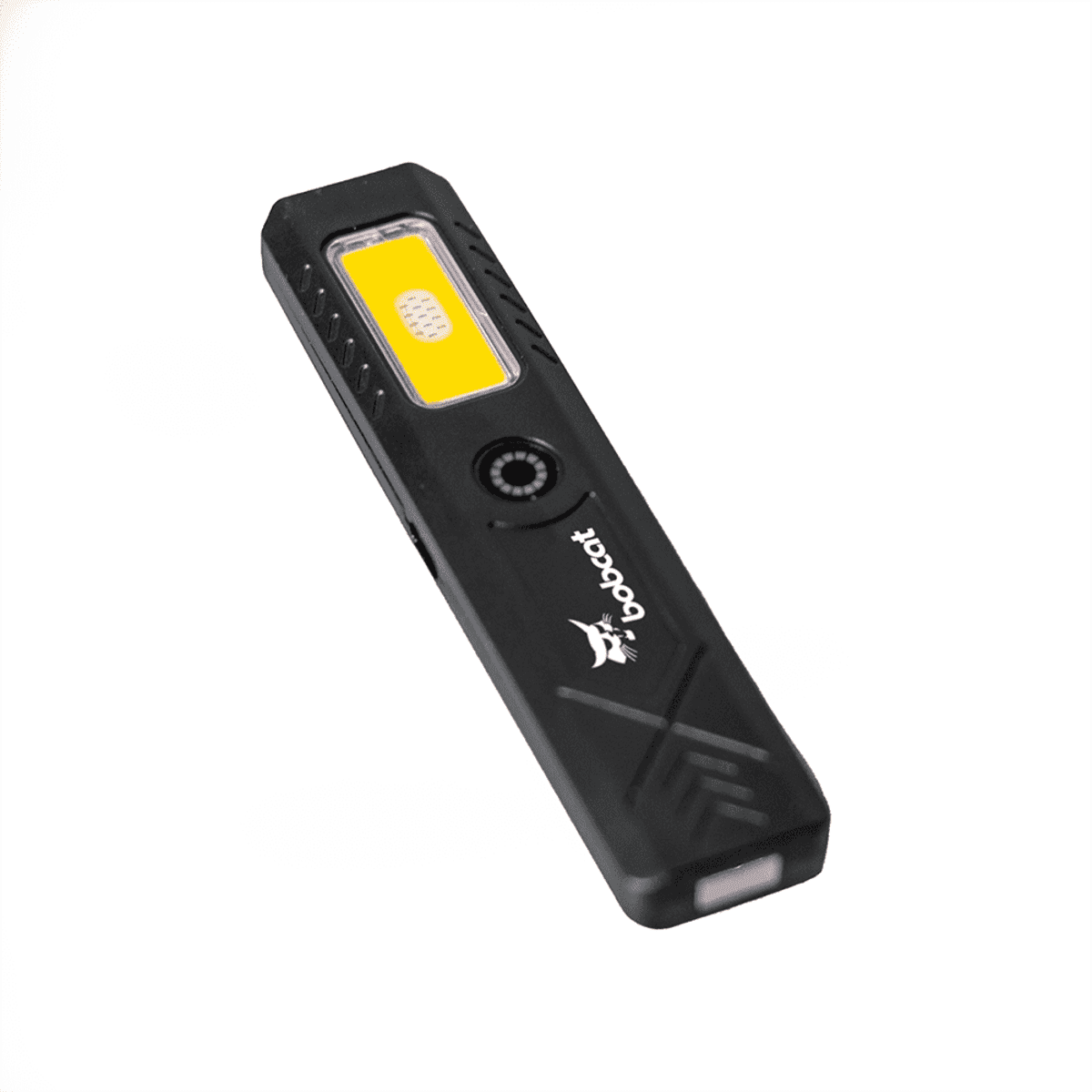A rechargeable work light in black with a yellow lighting panel, featuring a logo on its surface.