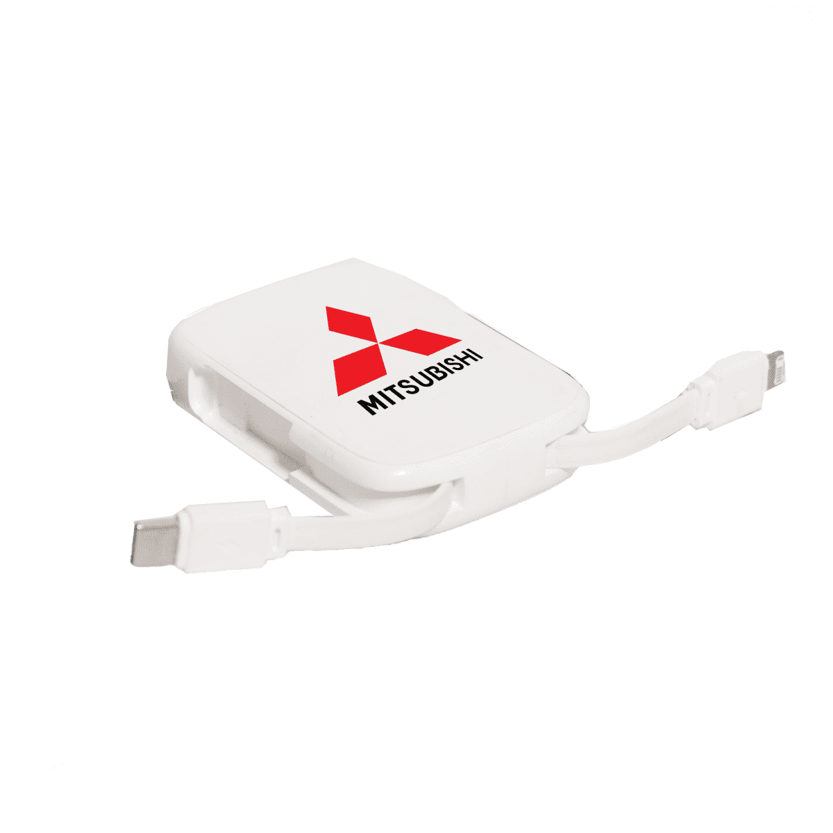 A white keychain power bank with extended charging cables and a logo. It has a compact design for portability.