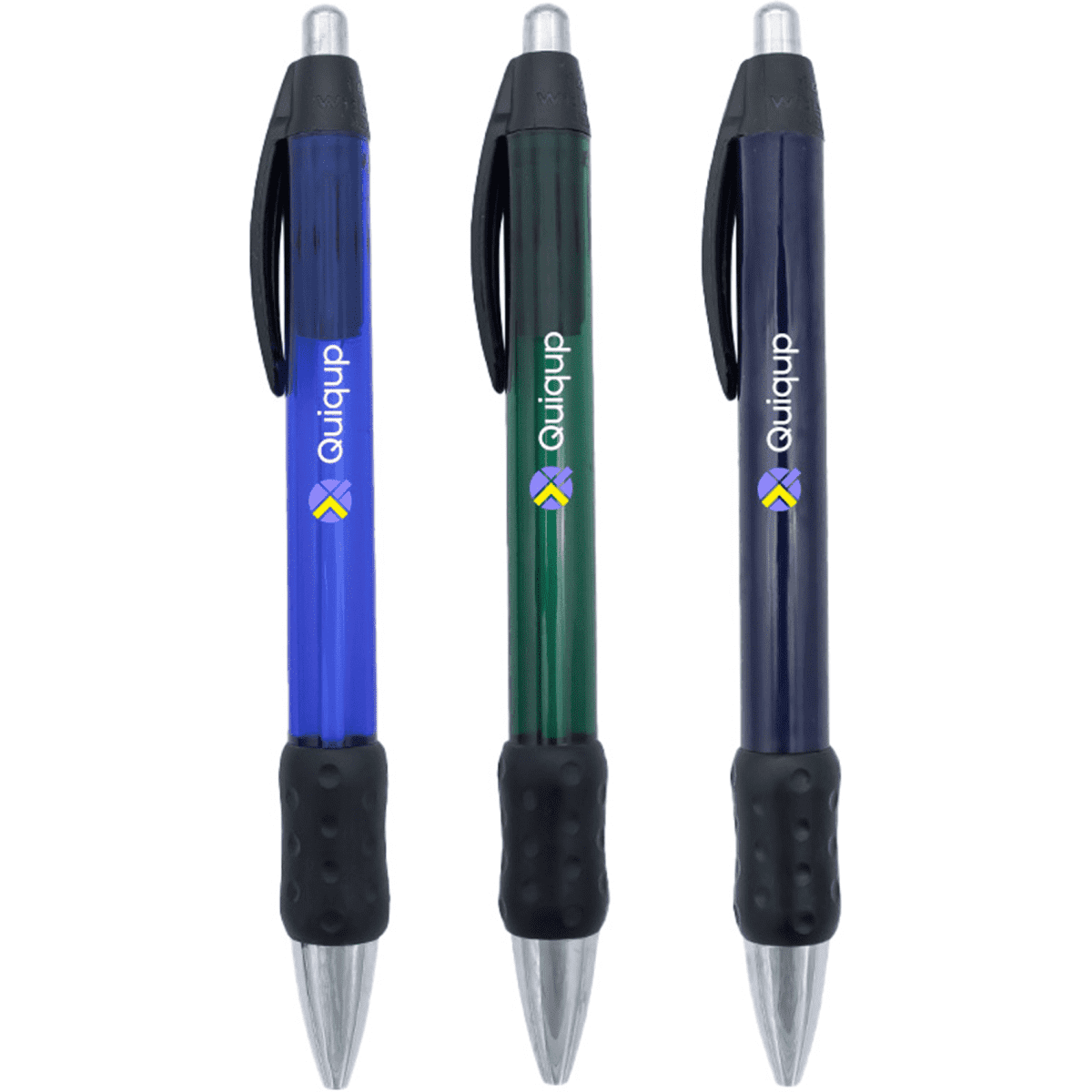 A set of three Widebody Chrome Grip Pens in blue, green, and navy, each featuring a logo.