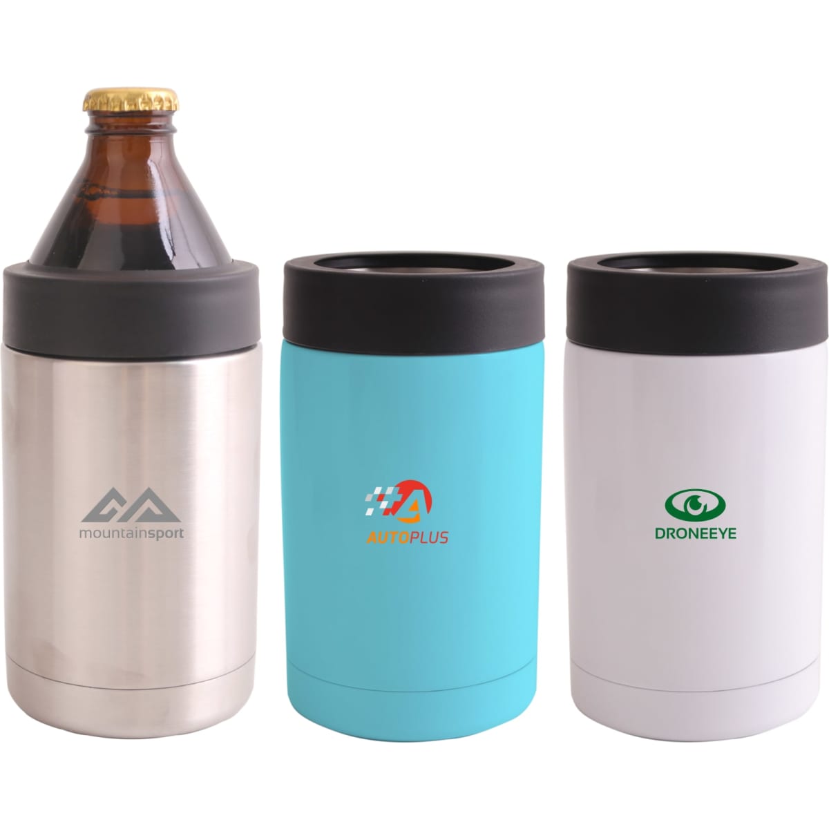 A 14oz stainless steel stubby holder in silver, with two additional coloured holders in blue and white, featuring logos.