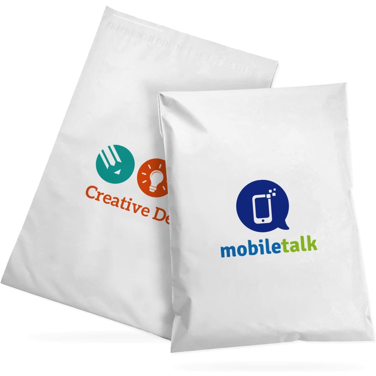 Two white biodegradable mailer bags of varying sizes, featuring colourful logos on the front.