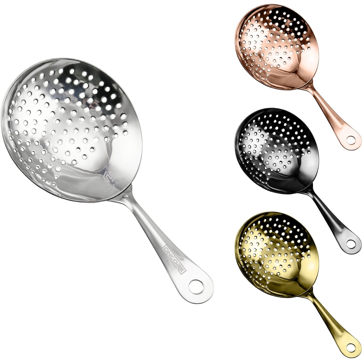 A cocktail strainer featuring four variations in silver, copper, black, and gold finishes, with a perforated design and a handle.