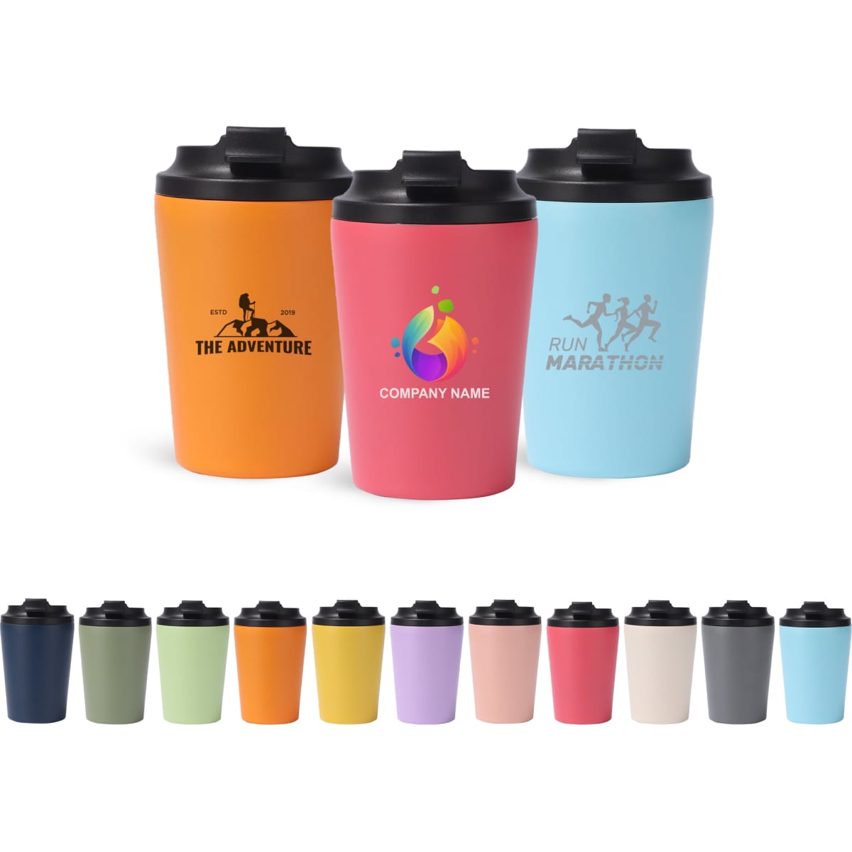 A collection of 350ML powder coated stainless steel coffee mugs in various colours with black lids and logos.