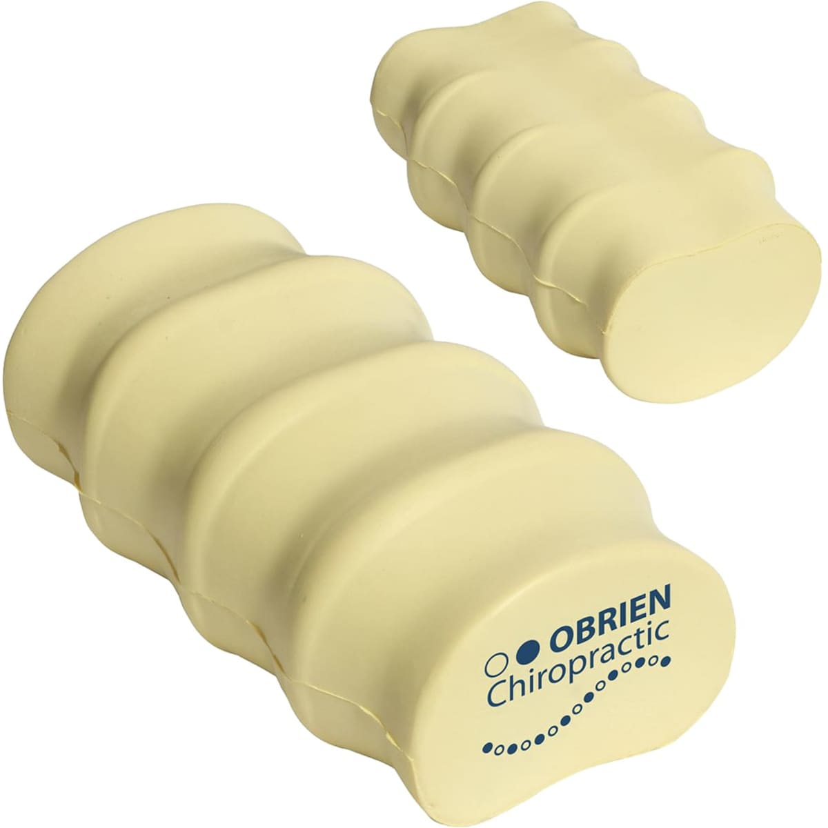 A yellow spine-shaped stress reliever with a branding logo, featuring a curved, segmented design.