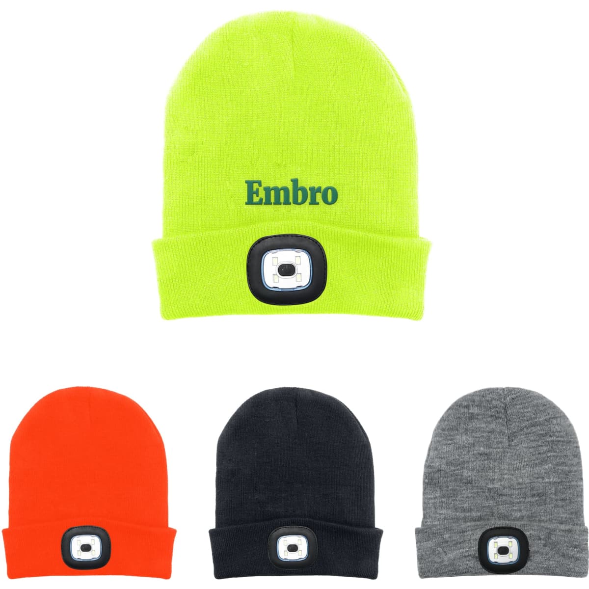 A collection of beanies in bright yellow, orange, black, and grey, each featuring a headlamp on the front.