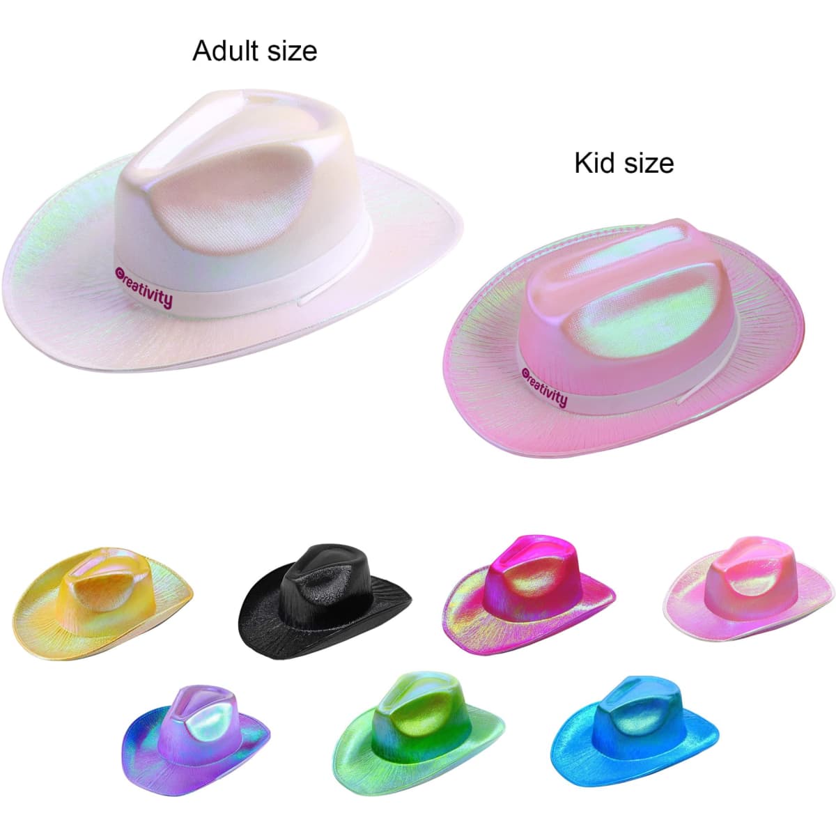 Iridescent cowboy hats in various colours, including white, pink, black, and green, available in adult and kid sizes with a logo.