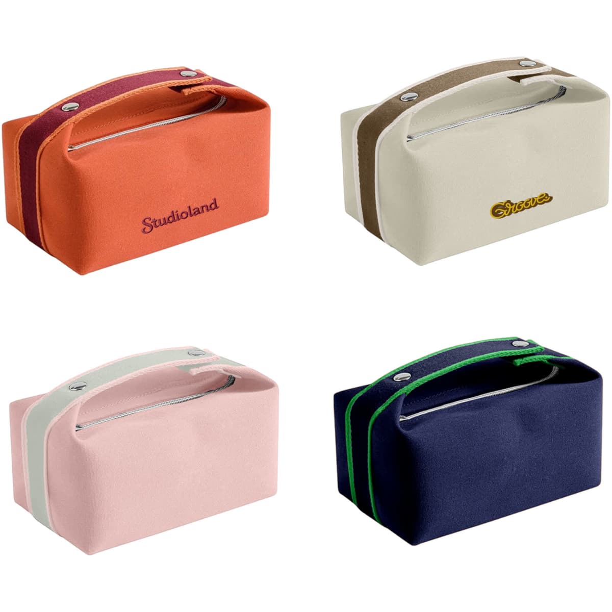 A portable canvas cosmetic bag in orange, cream, pink, and navy, featuring zippers and handles. Some have branding.