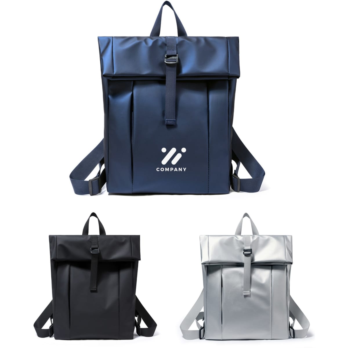 A tarpaulin roll top backpack in navy, black, and silver, featuring adjustable straps and a logo.