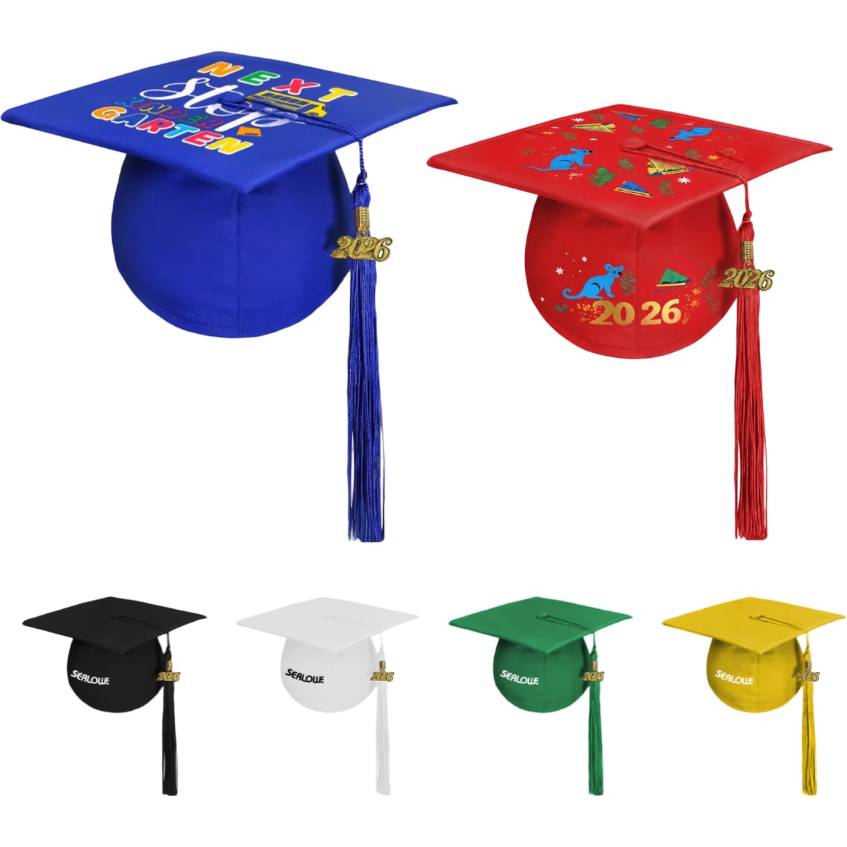 A selection of mortarboard graduation caps in blue, red, black, white, and yellow, featuring tassels and decorative elements.