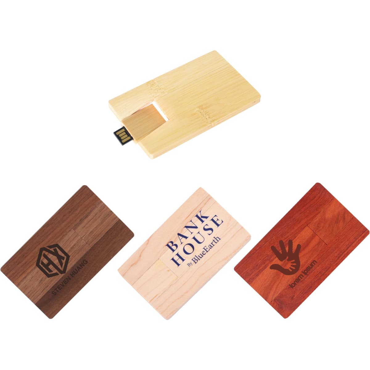 A collection of wooden credit card flash drives in various shades, featuring different designs and a USB connector.