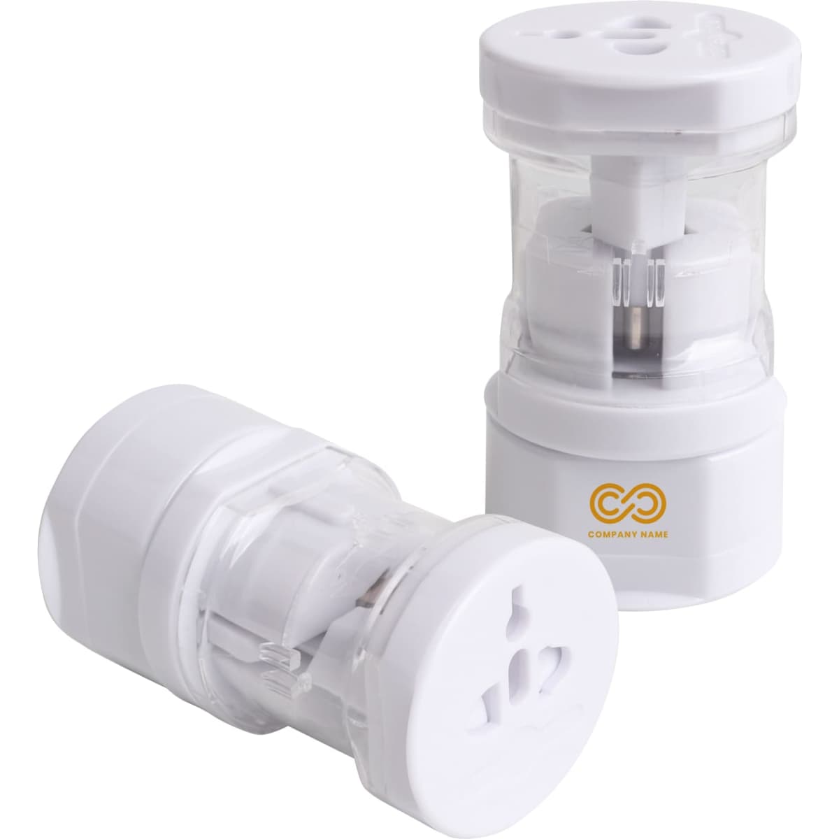 A white universal plug travel adapter, featuring a transparent design, with two adapters positioned beside each other.