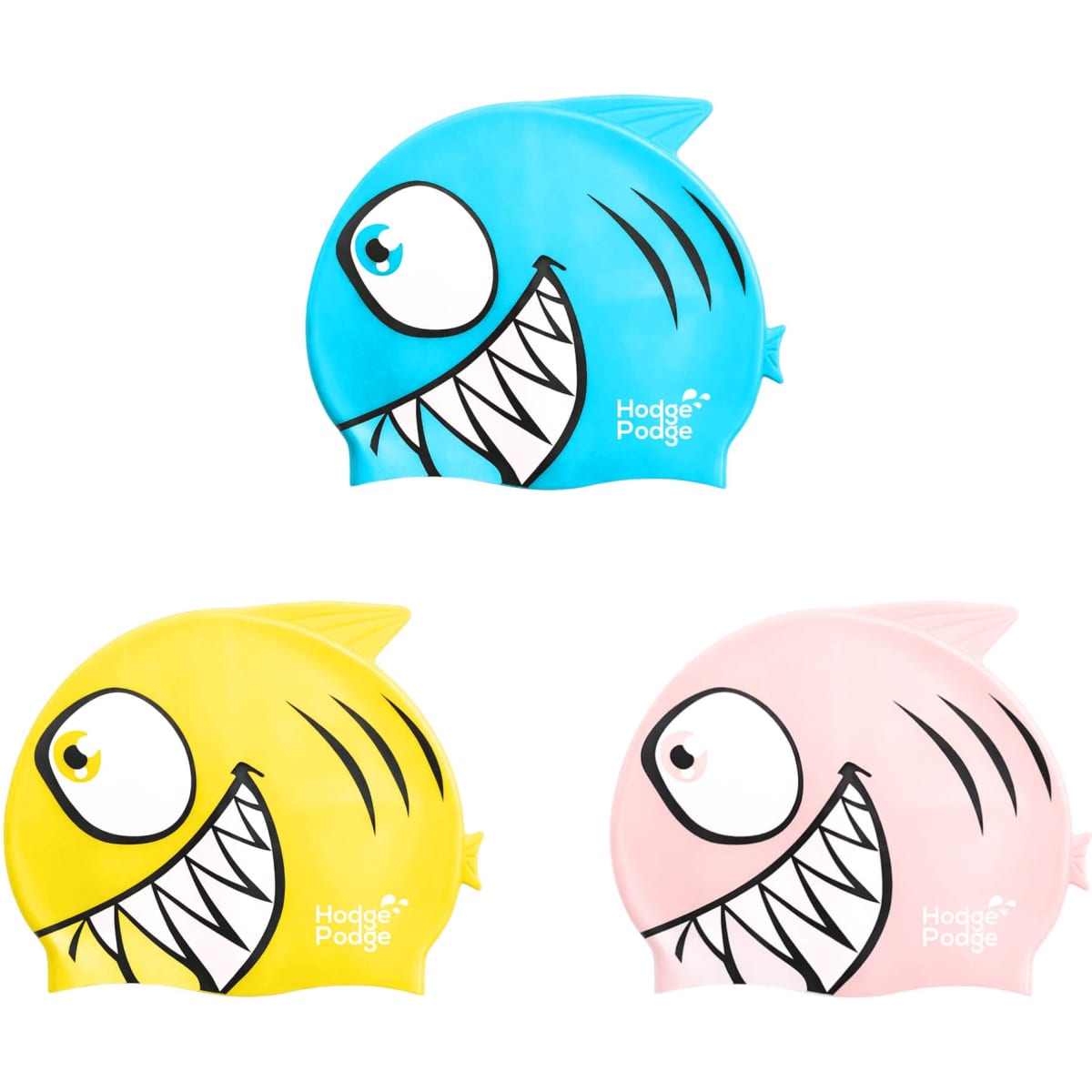 A silicone swim cap featuring a fish design, available in blue, yellow, and pink colours. Contains branding.