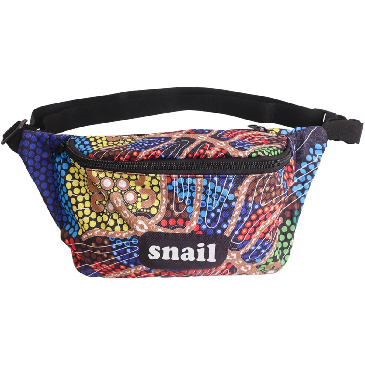A colourful sublimation bum bag featuring intricate patterns and a black adjustable strap with a logo.
