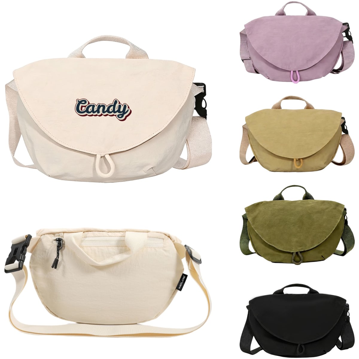 A collection of casual crossbody bags in various colours, including cream, lavender, olive, and black, featuring a logo.