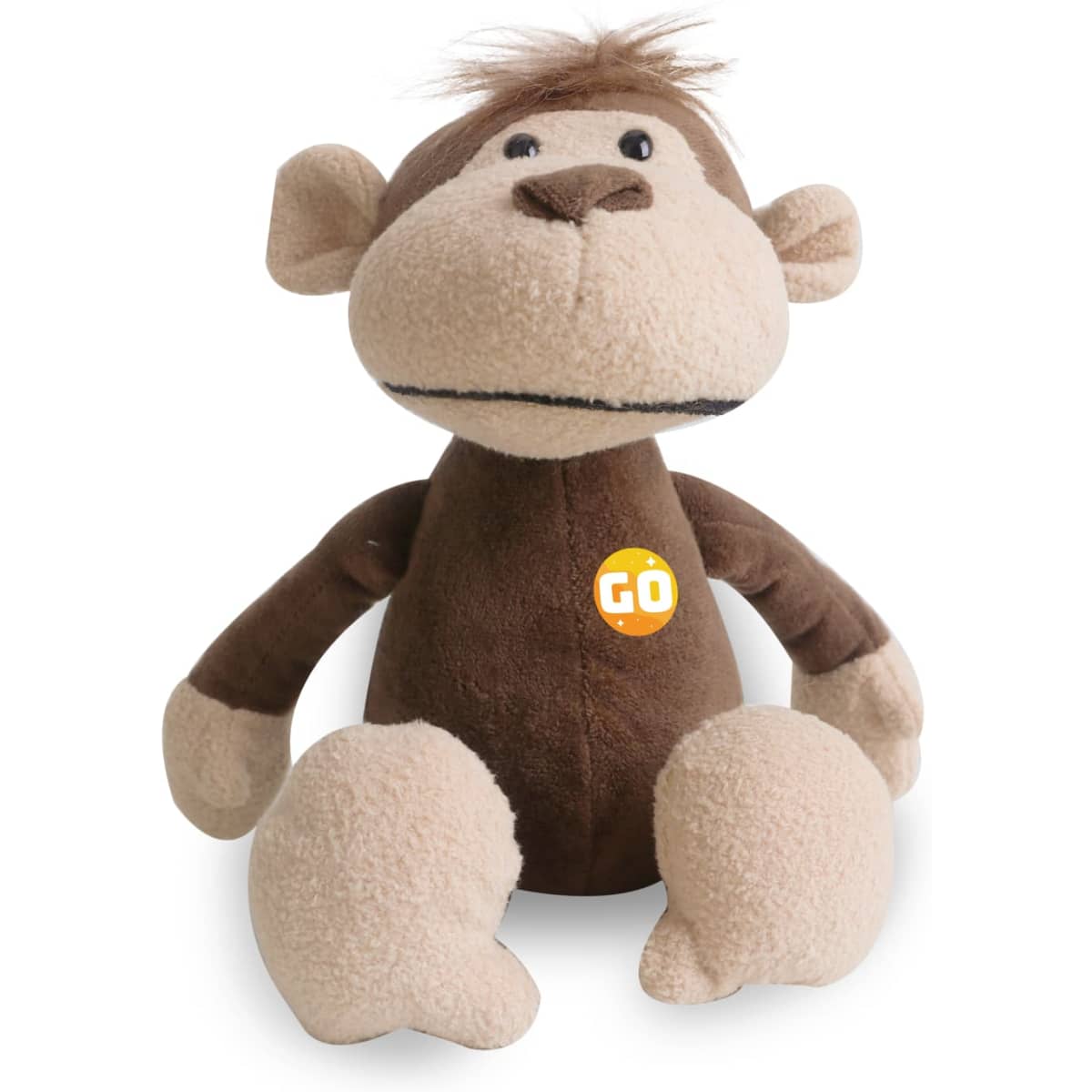A brown and beige monkey plush toy with a friendly face, featuring a small logo on its chest.