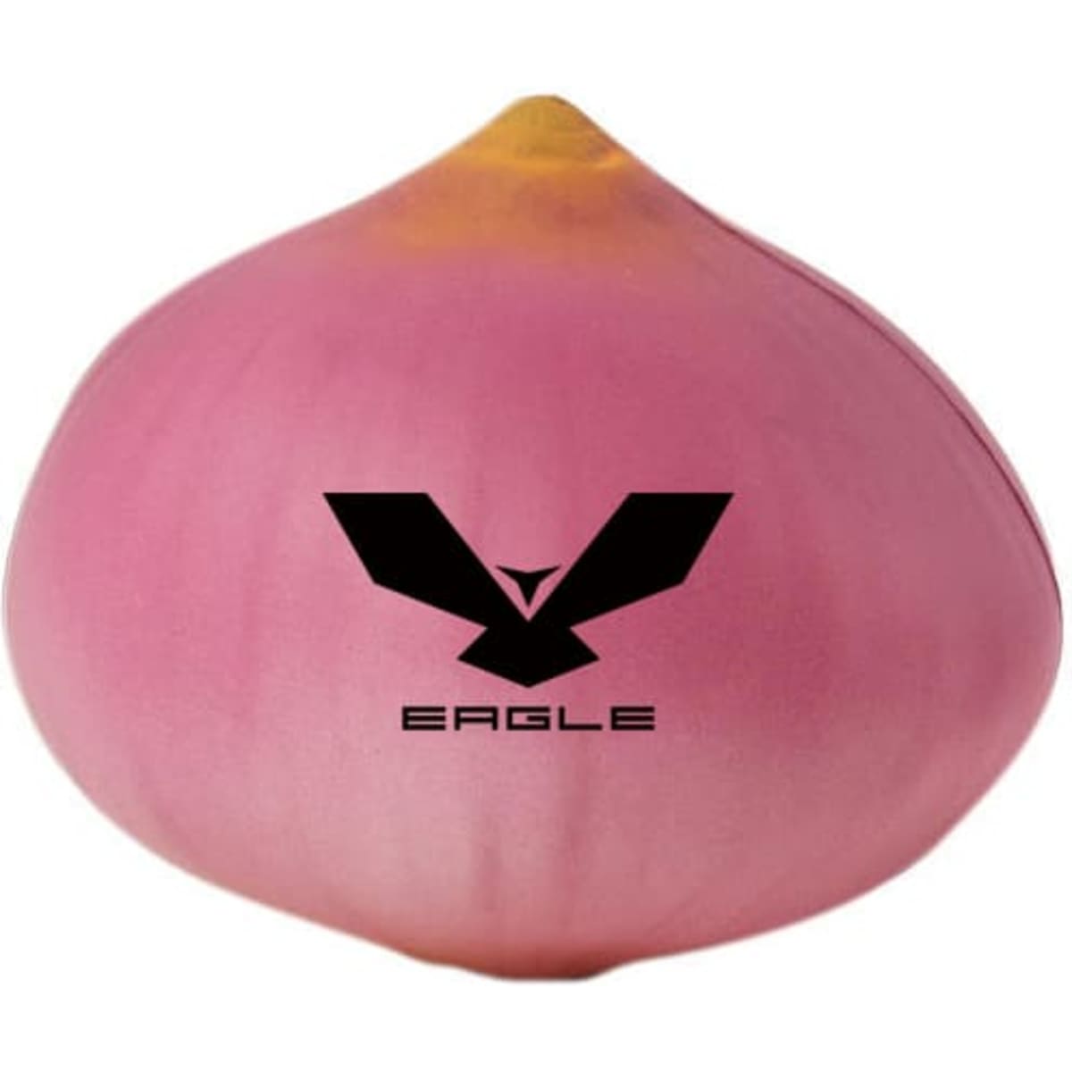 A pink onion-shaped stress reliever with a yellow tip. It features a black logo.
