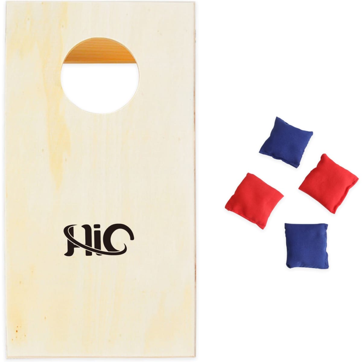 A mini cornhole game board in natural wood with a hole, accompanied by four bean bags in blue and red.