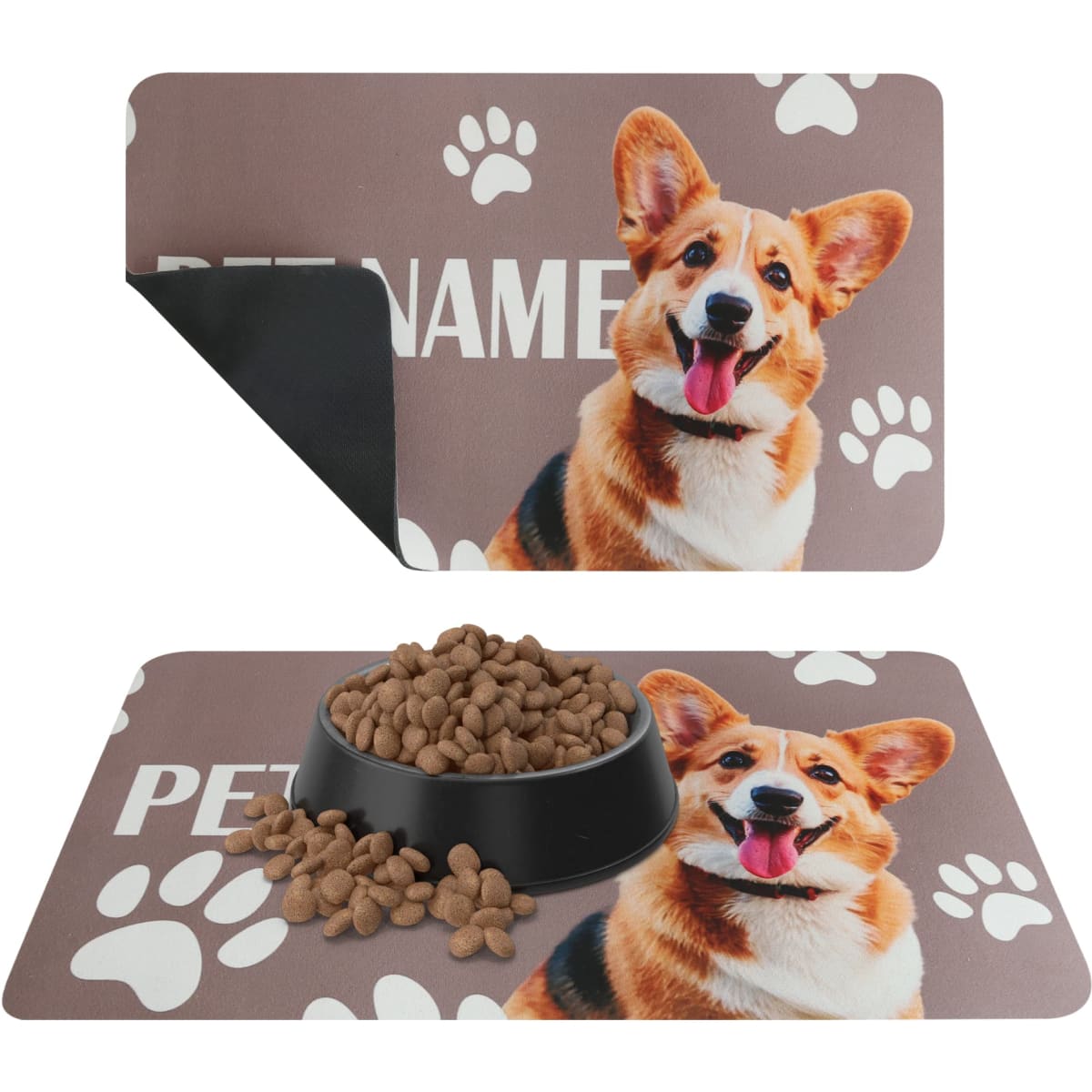 A pet feeding mat featuring a brown background with a corgi's face and paw print designs. It has a logo.