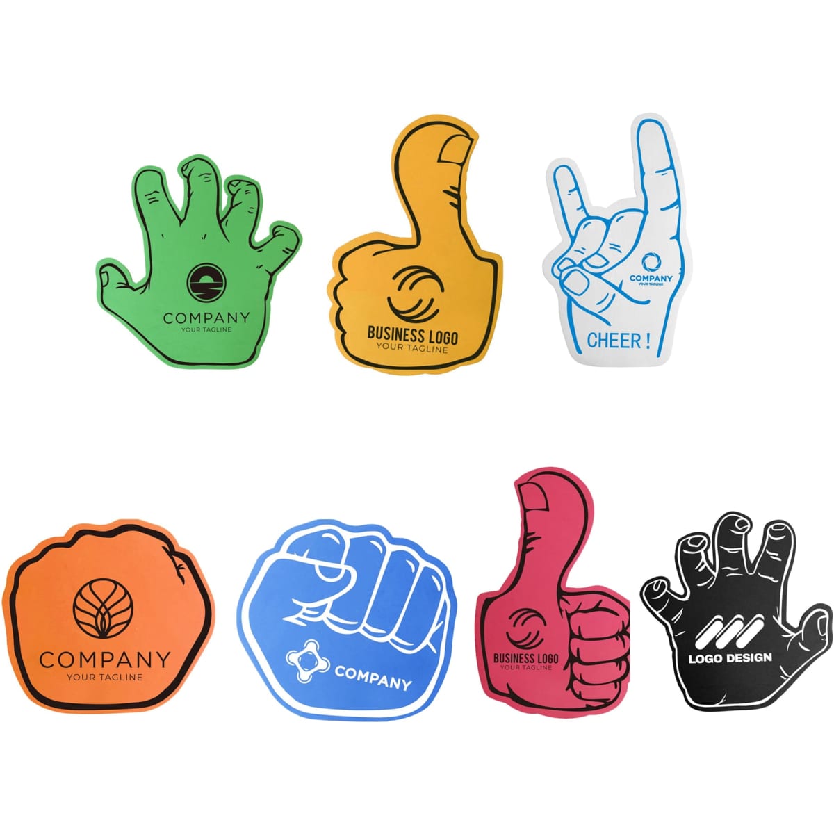 A collection of foam mitts in green, orange, pink, and black, featuring various hand gestures and logos.