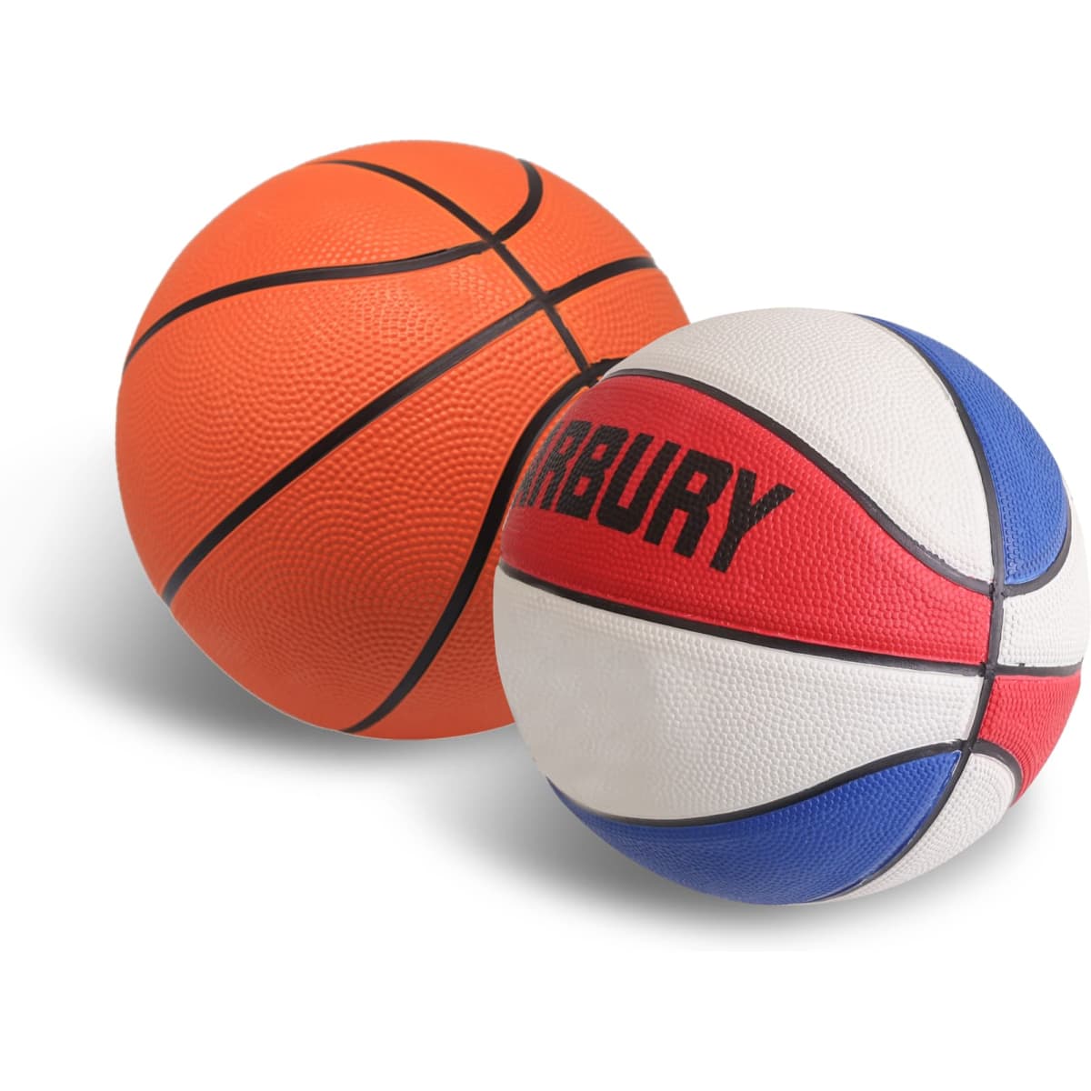 Two basketballs are displayed: one orange with black markings and one white with red and blue accents. Both feature logos.