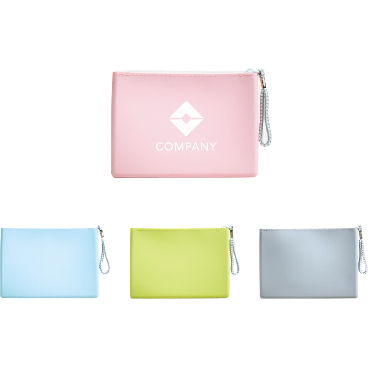 A silicone cosmetic pouch in pink, blue, green, and grey, each featuring a logo.