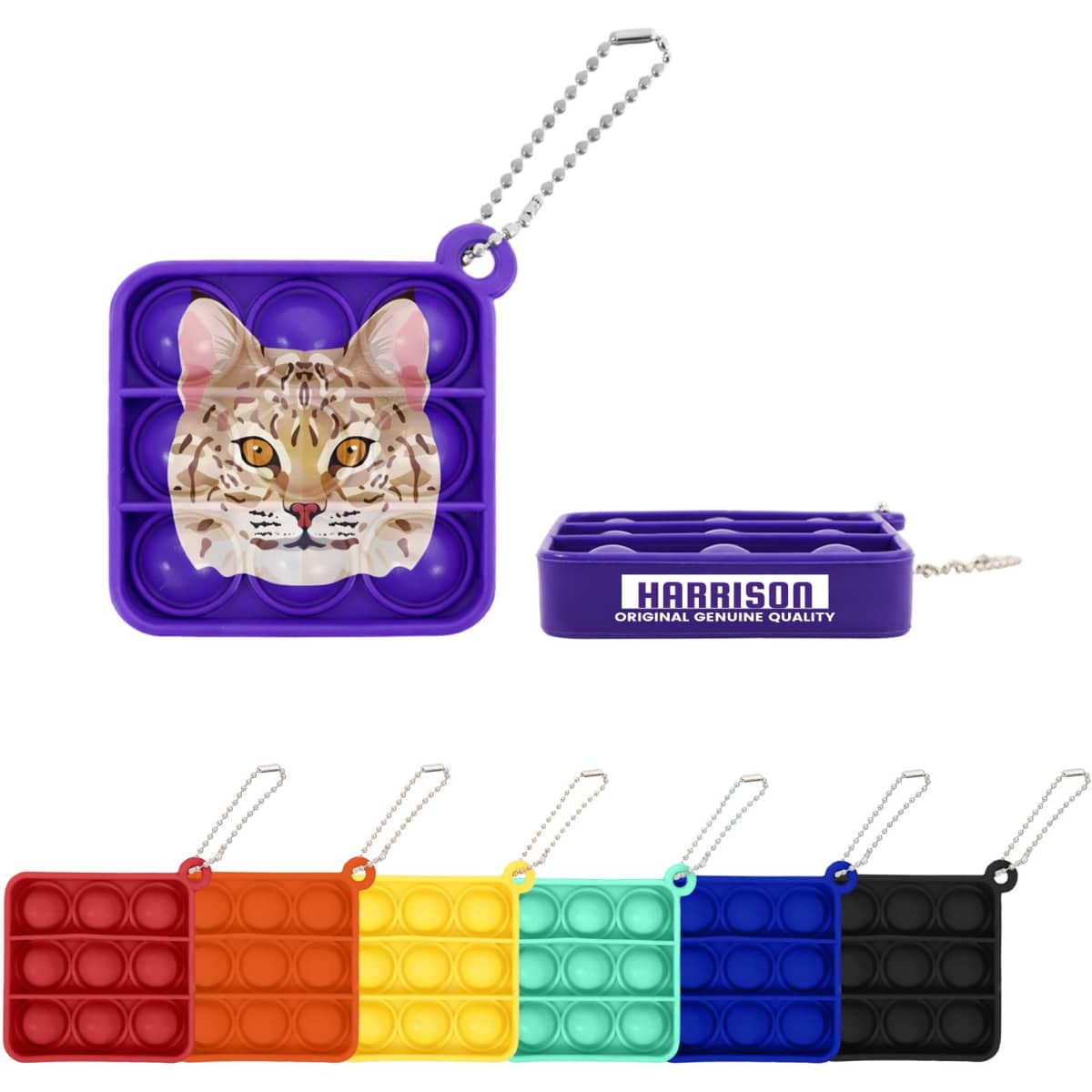 A square fidget keychain featuring a cat design, available in purple, orange, yellow, green, blue, and black.