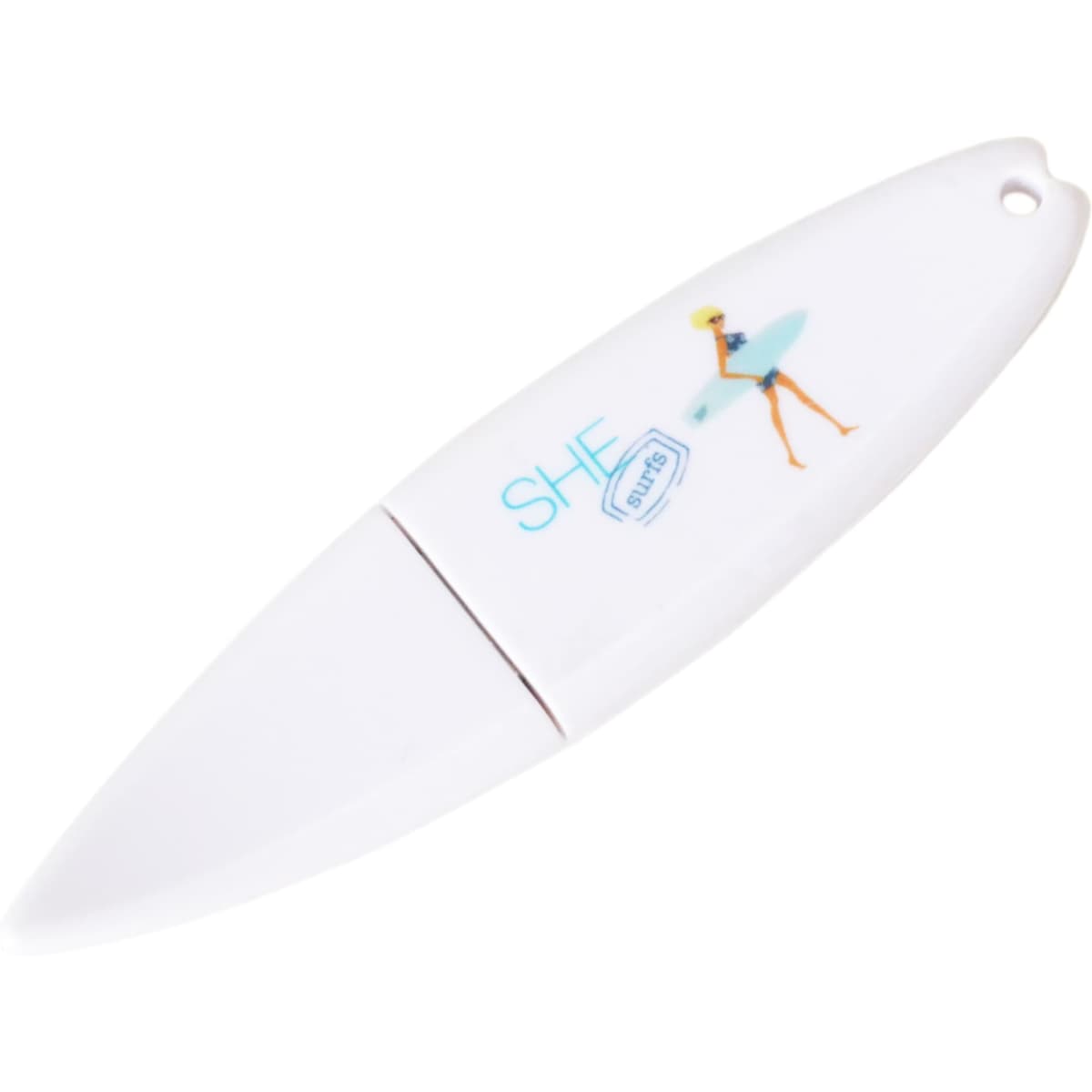 A white surfboard-shaped flash drive with a colourful graphic design and a branding logo.