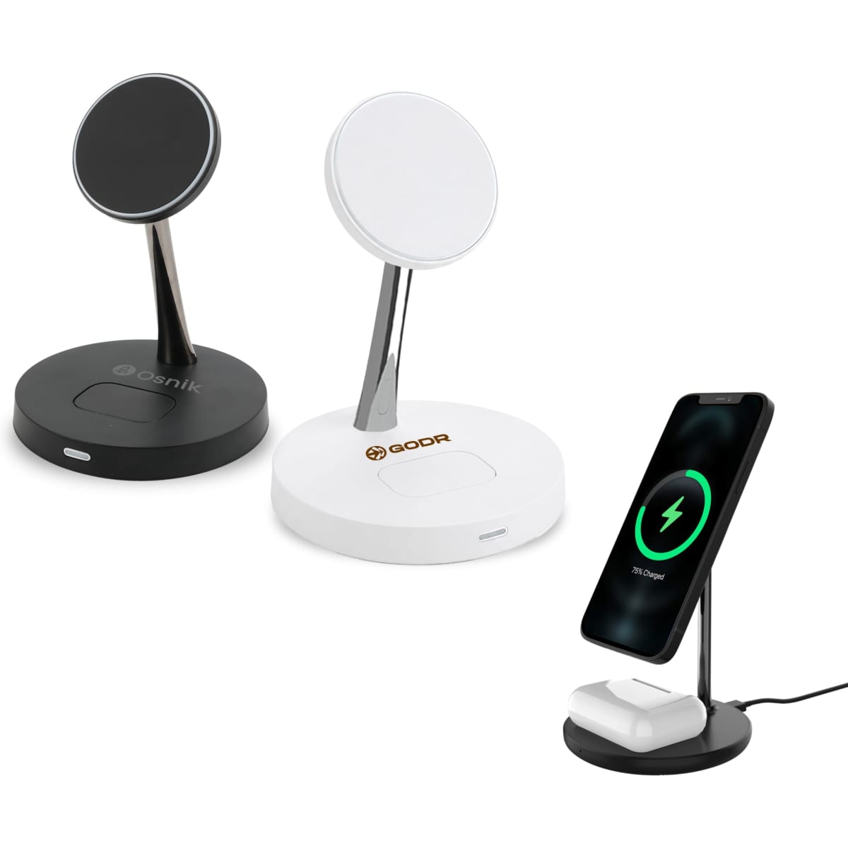 A 2-in-1 wireless charger in black and white, featuring a stand for a phone and an additional space for earbuds.
