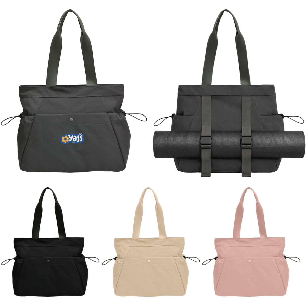 Lightweight tote bags in black, beige, pink, and grey, featuring yoga mat straps and a logo.