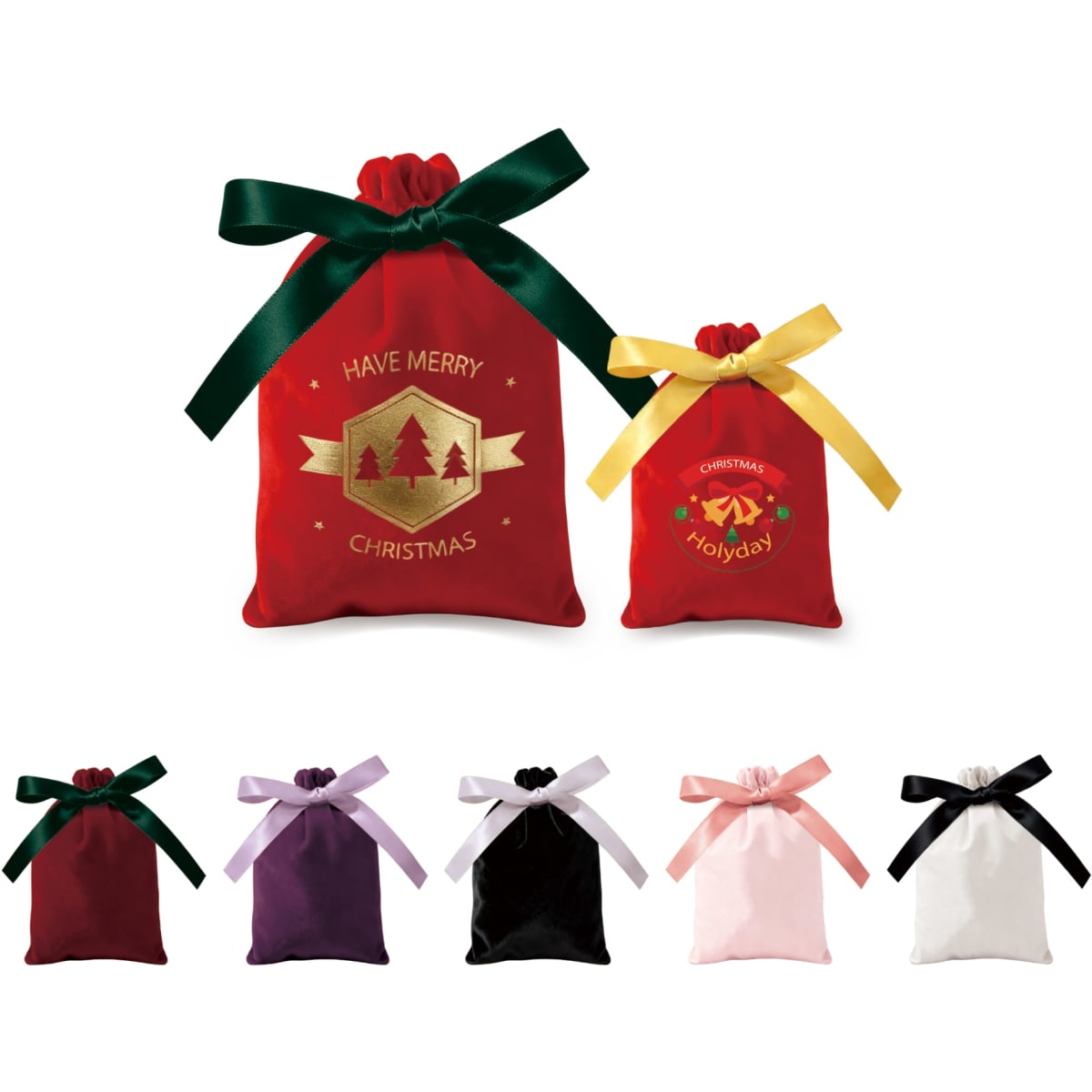 Various drawstring gift bags in red, purple, black, pink, and white with decorative ribbons. Some feature festive designs.