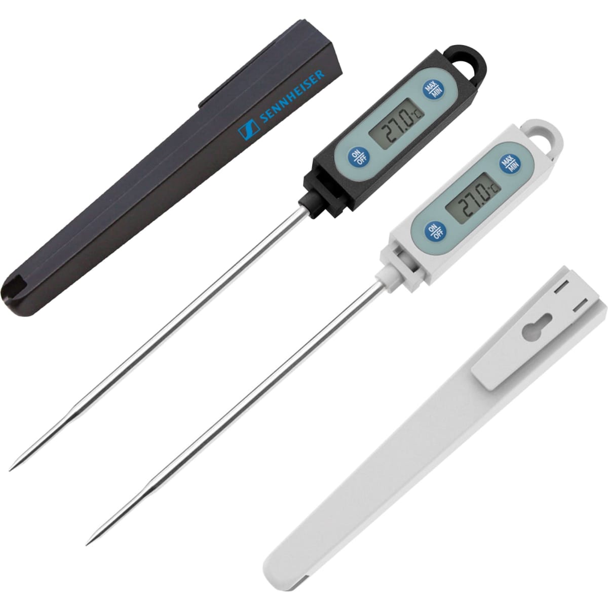 Instant read thermometers with long probes in black and white, featuring digital displays and attached covers.