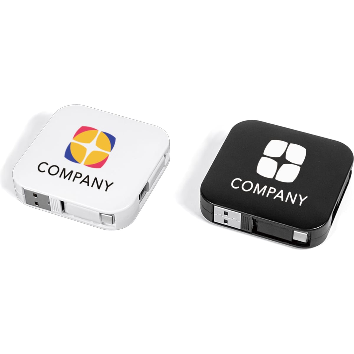 A white and a black retractable charging cable with a phone stand, both featuring logos.