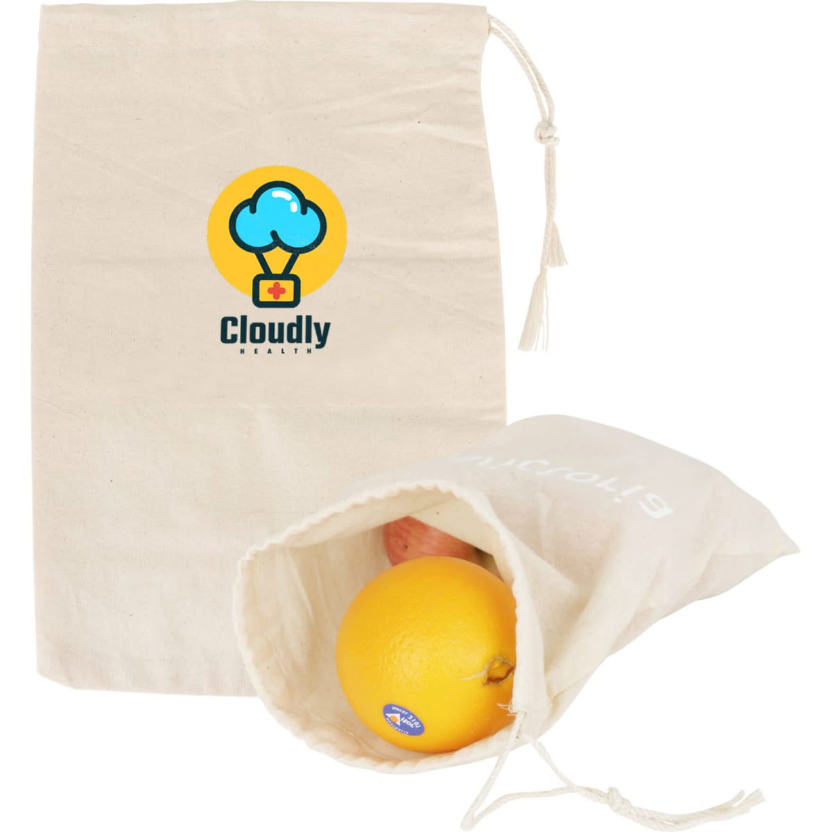 A small cotton produce bag in cream, with an illustrated logo, contained within are assorted fruits.