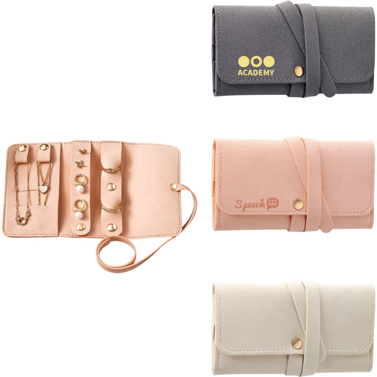 A synthetic leather jewellery bag displayed in pink, grey, and cream with gold accents and a logo.