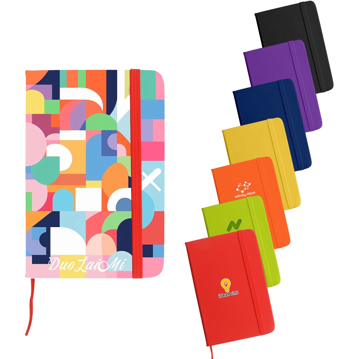 A colourful PU A6 notebook with a geometric design, accompanied by solid-coloured notebooks in various shades.