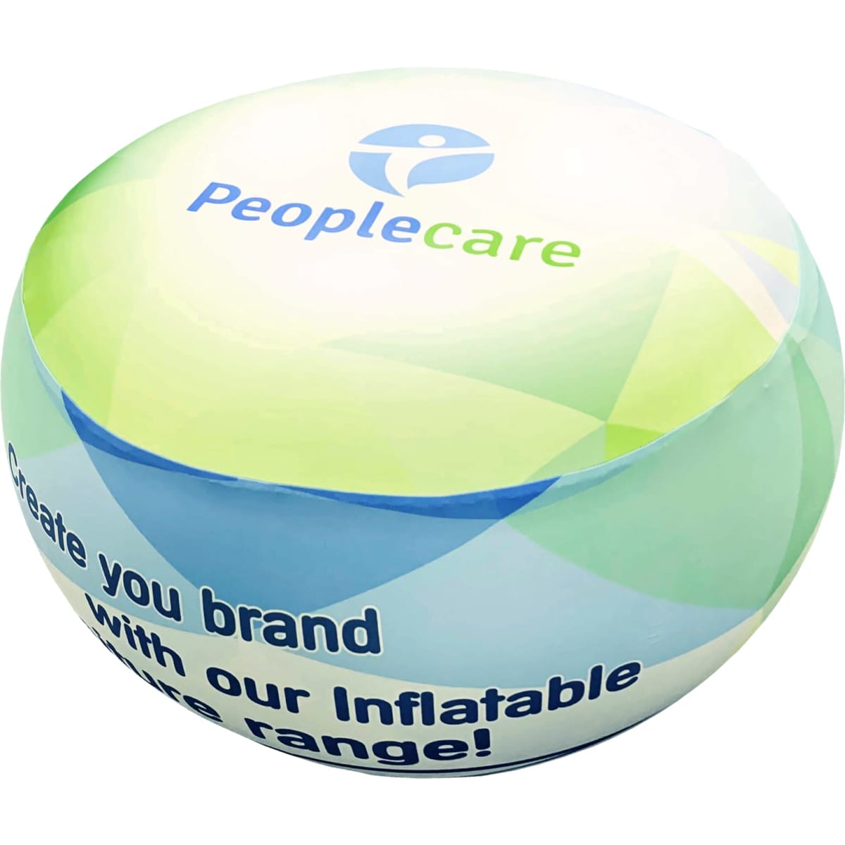 An inflatable ottoman in blue and green, featuring a logo and text on its surface.
