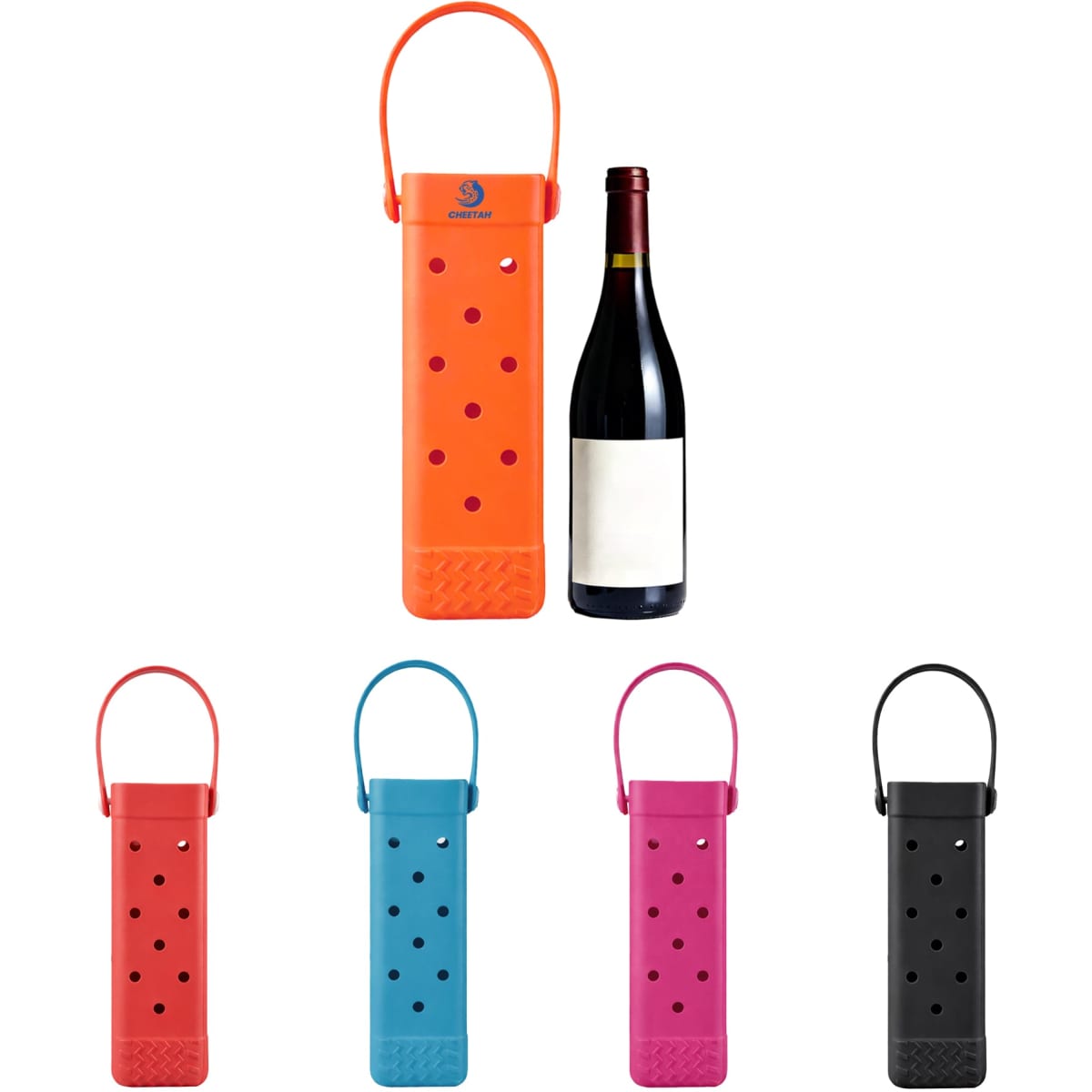 A drink bottle bag in orange, pink, blue, black, and grey. Each features a handle and multiple holes for ventilation.