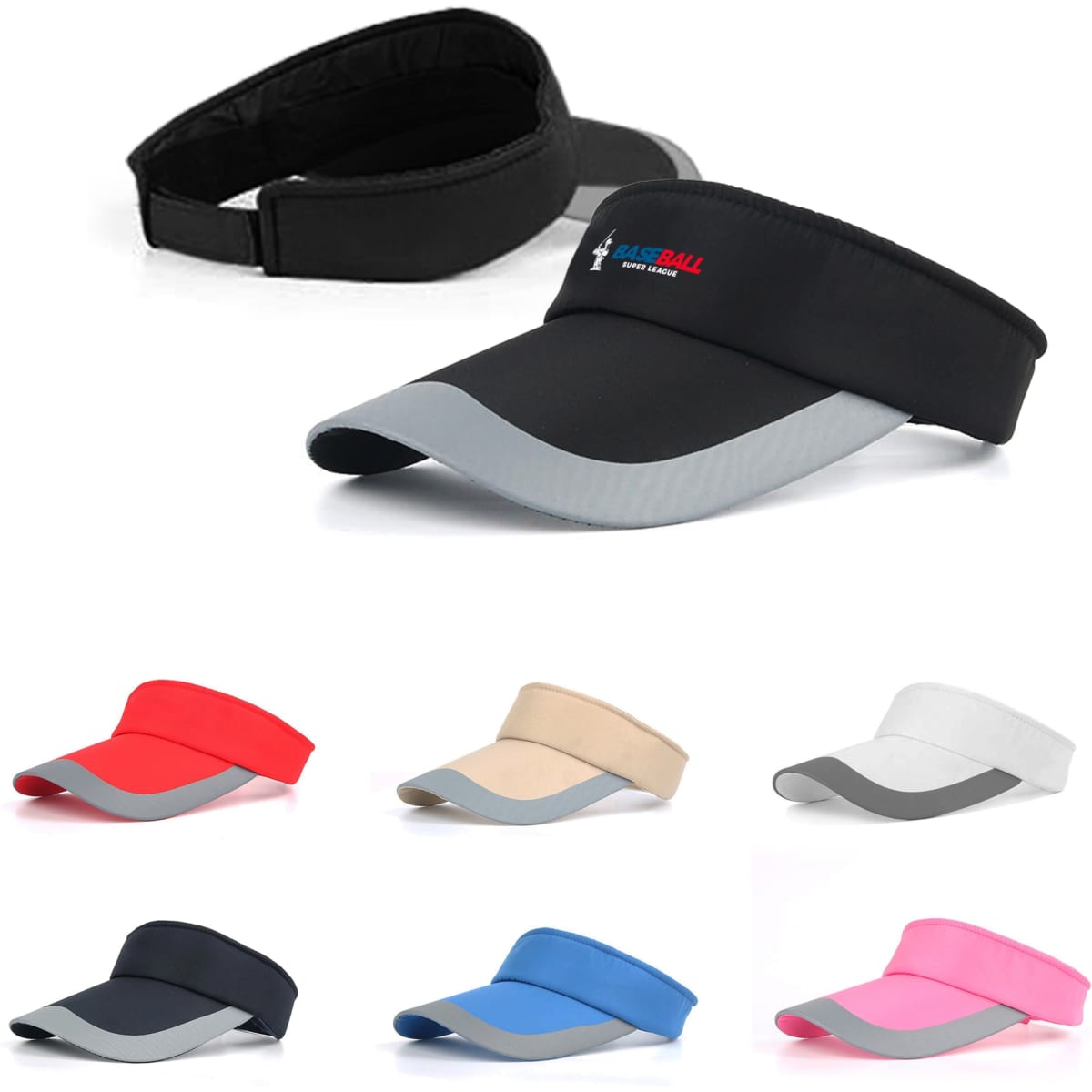 A range of sun visors in various colours, including black, red, beige, white, navy, and pink, with a logo.